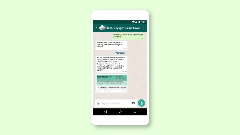 Global Voyager Online Travel confirmando a reserva do cliente pela conversa no WhatsApp