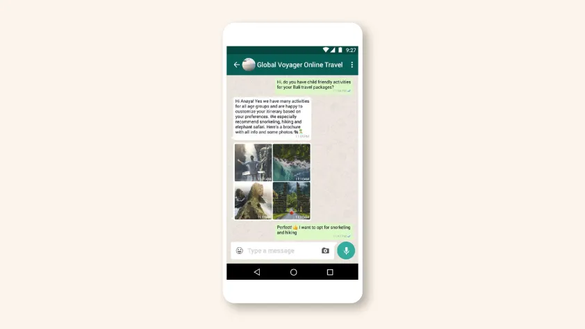 Um cliente enviando uma mensagem no WhatsApp para a Global Voyager Online Travel escolhendo mergulho e caminhada