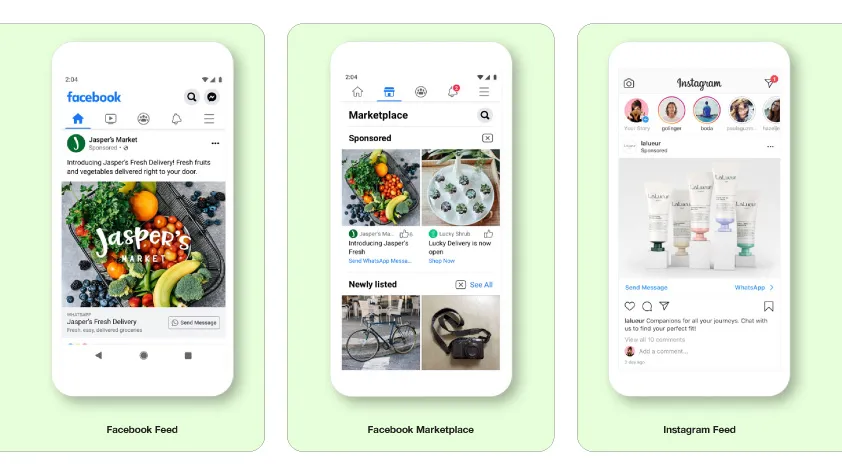 Três celulares exibindo o Feed do Facebook, o Marketplace do Facebook e o Feed do Instagram