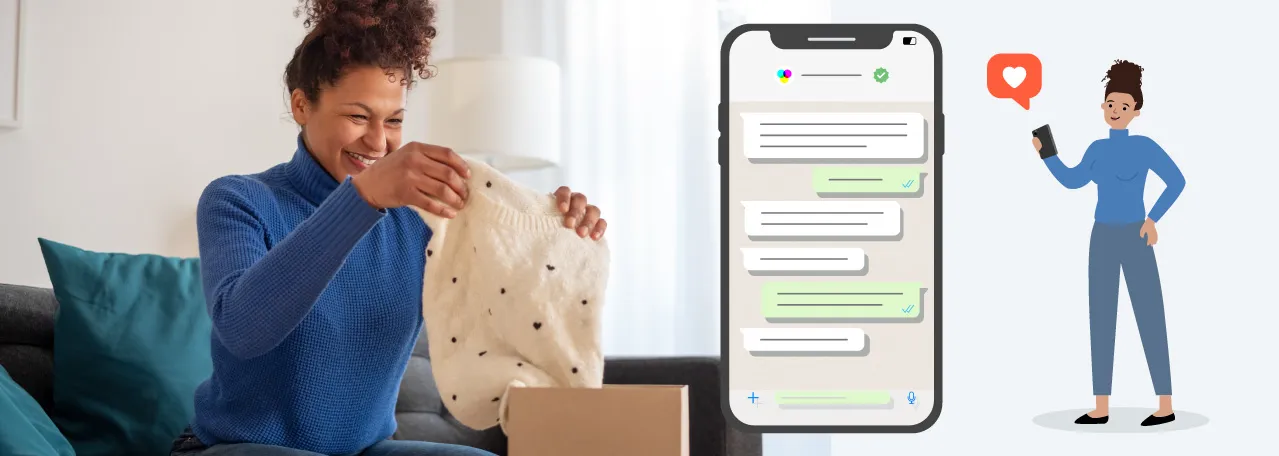 Pessoa abrindo um pacote de roupas após fazer o pedido pelo WhatsApp ao lado de uma ilustração de um telefone e de uma pessoa