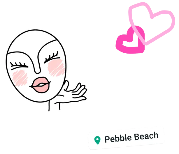 whatsapp feature showing users status using happy face and heart sticker with location tagged as pebble beach