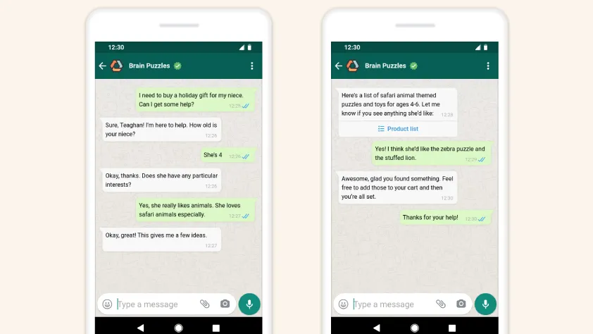 Dos pantallas de smartphones mostrando una conversación de WhatsApp entre un cliente y Brain Puzzles
