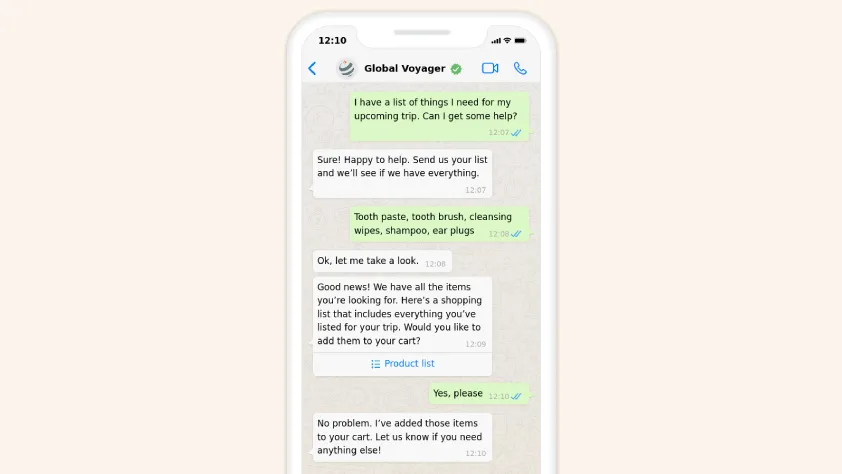 Conversación de WhatsApp entre un cliente y el bot de chat de Global Voyager