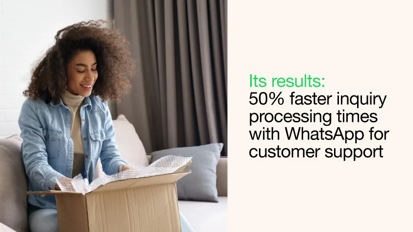 Woman opening a package next to text reading its results: 50% faster inquiry processing times with WhatsApp for customer support