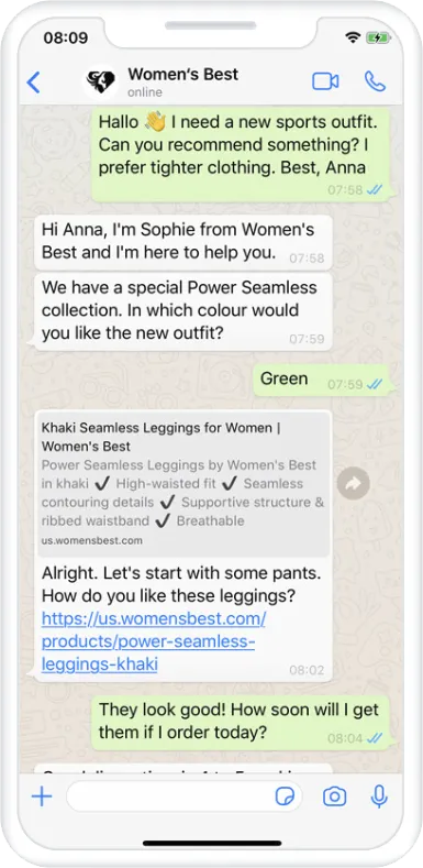 Cliente chateando con un representante de Women’s Best a través de WhatsApp para pedir unas nuevas calzas