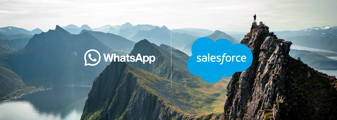 Logotipos do WhatsApp e do Salesforce lado a lado sobrepondo a paisagem de uma montanha
