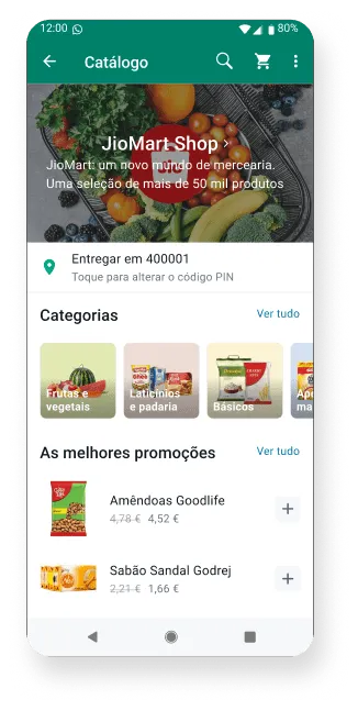 captura de ecrã do WhatsApp Business a mostrar uma mercearia online com produtos em promoção