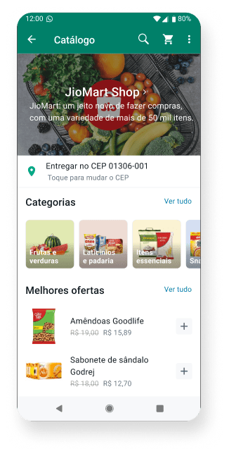 captura de tela do WhatsApp Business mostrando um mercado online com produtos à venda