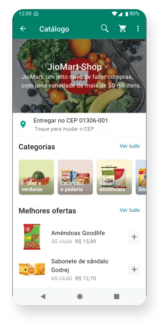 captura de tela do WhatsApp Business mostrando um mercado online com produtos à venda