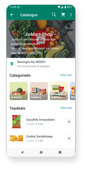 screenshot van whatsapp business met een online supermarkt met producten te koop