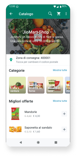 screenshot di WhatsApp Business che mostra un negozio di alimentari online con prodotti in vendita