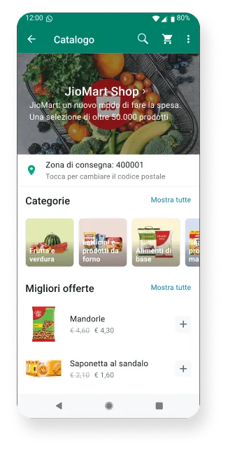 screenshot di WhatsApp Business che mostra un negozio di alimentari online con prodotti in vendita