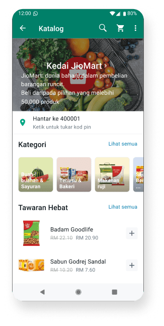 tangkapan skrin whatsapp business menunjukkan kedai runcit dalam talian dengan produk untuk dijual