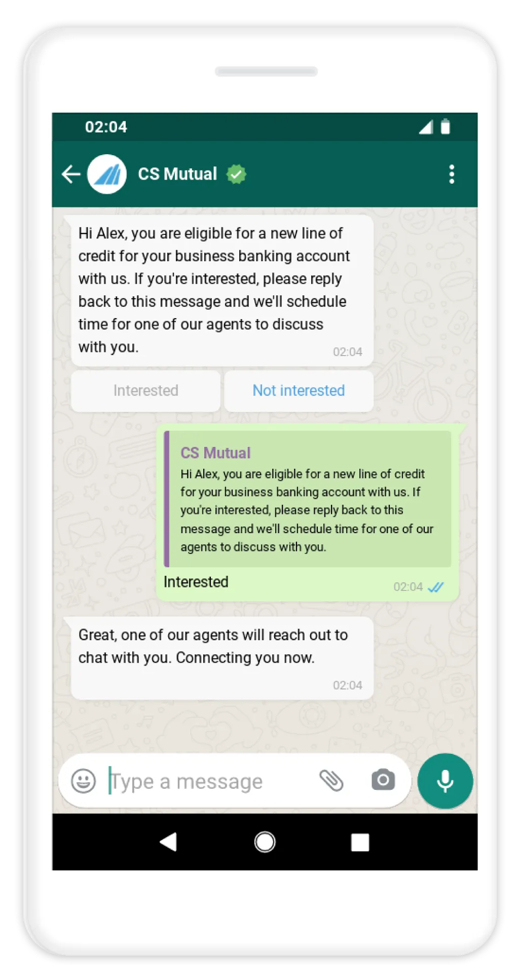 CS Mutual representative reaching out to client via WhatsApp to let them know they are eligible for a new line of credit