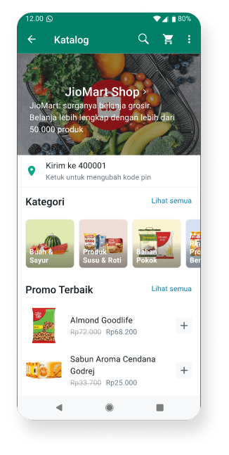 tangkapan layar aplikasi whatsapp business yang menunjukkan toko bahan makanan online beserta produk yang dijual
