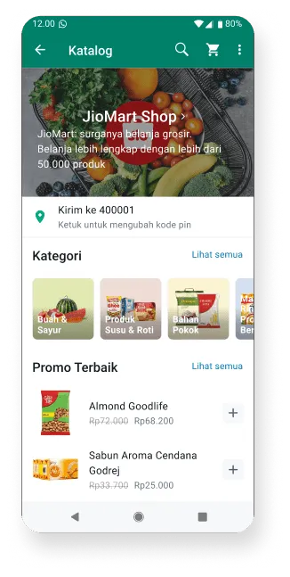 tangkapan layar aplikasi whatsapp business yang menunjukkan toko bahan makanan online beserta produk yang dijual