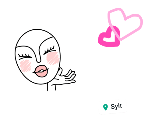 WhatsApp-Funktion, die Benutzer*innen-Status zeigt, mit einem glücklichen Gesicht und einem Herz-Sticker, und als Ort einen Kieselstrand