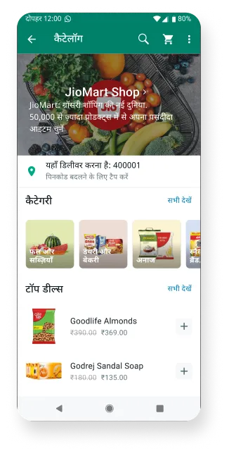 एक WhatsApp बिज़नेस का स्क्रीनशॉट, जिसमें एक ऑनलाइन किराना स्टोर पर बिक्री के लिए उपलब्ध प्रोडक्ट दिखाई दे रहे हैं