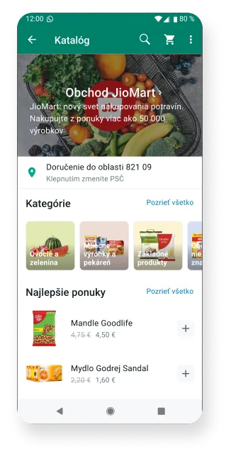 snímka obrazovky aplikácie whatsapp business zobrazujúca online obchod s potravinami a produktmi na predaj