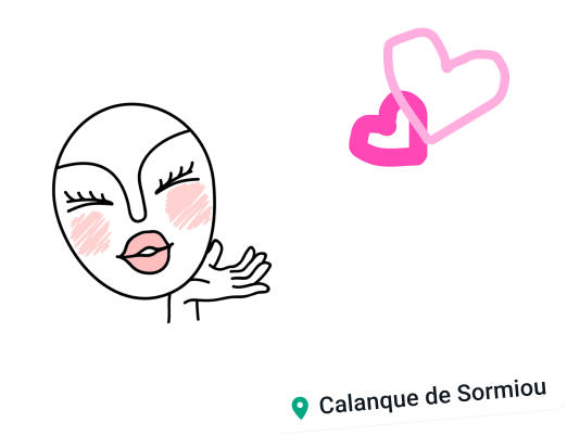 fonctionnalité statut whatsapp avec un sticker de visage souriant, un sticker de cœurs et le lieu calanque de sormiou