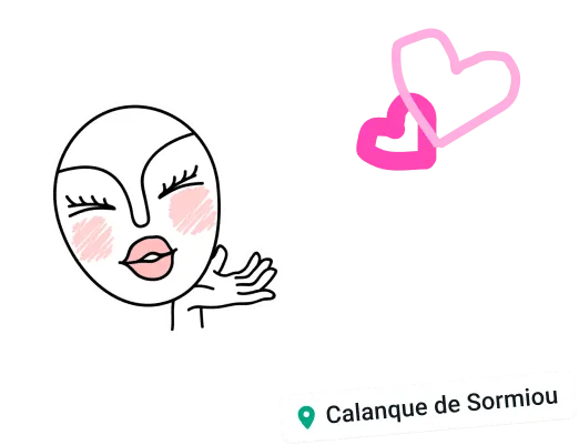 fonctionnalité statut whatsapp avec un sticker de visage souriant, un sticker de cœurs et le lieu calanque de sormiou