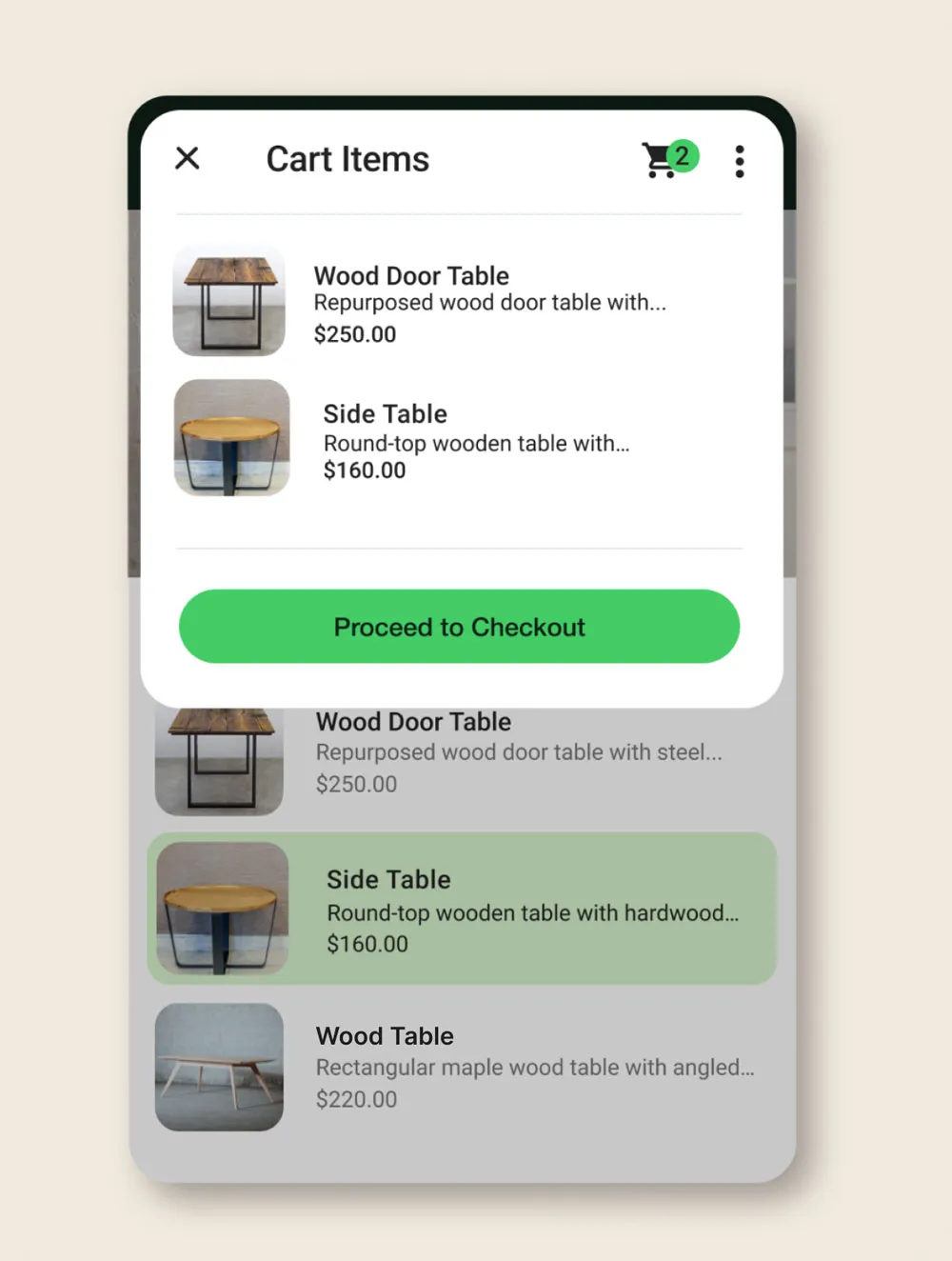 Items in a user's cart in the WhatsApp Business App