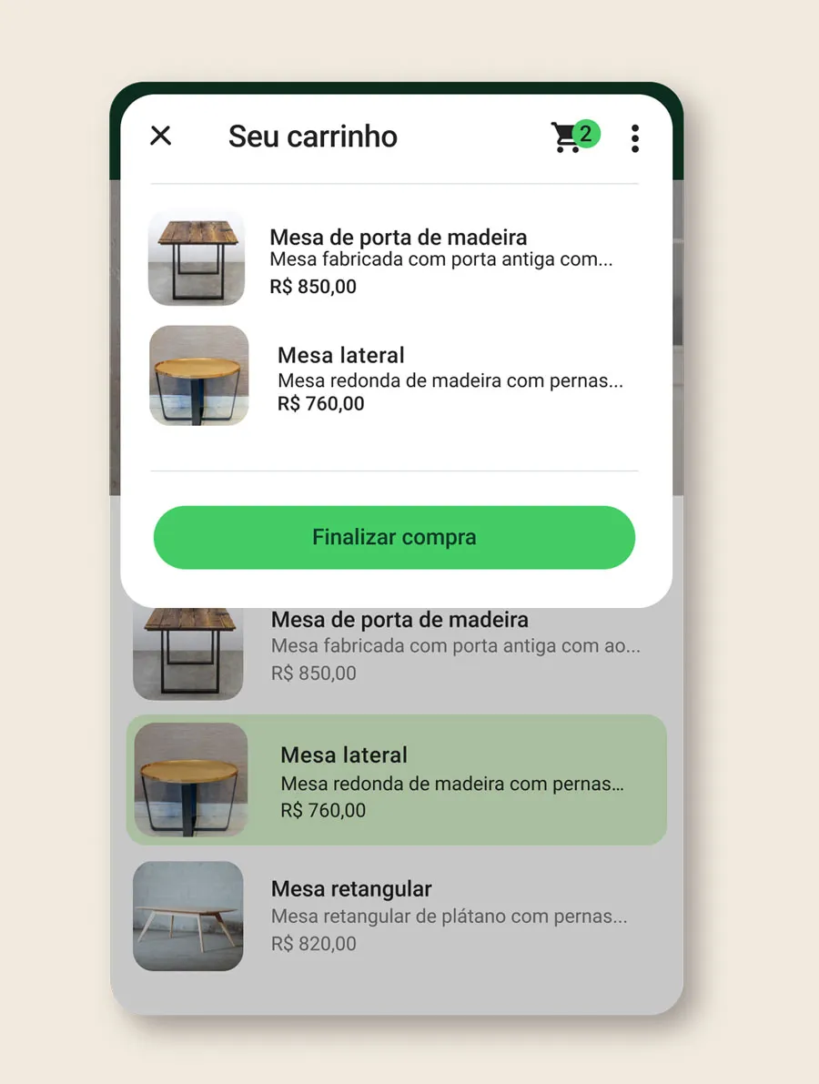Itens no carrinho de um usuário no app WhatsApp Business