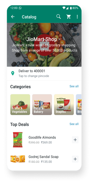 screenshot af WhatsApp Business, der viser en online dagligvarebutik med produkter, der er til salg