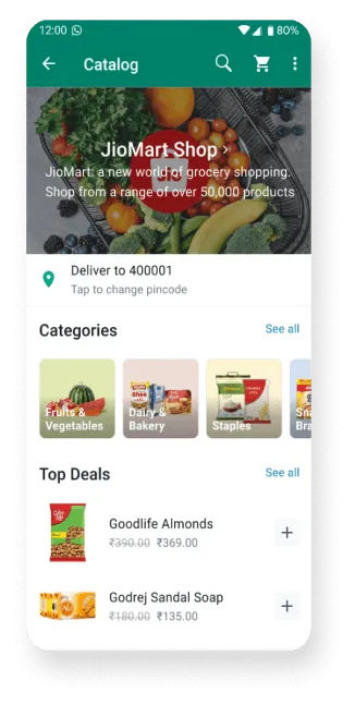 skärmbild på whatsapp business som visar en livsmedelsbutik online med produkter som är till salu