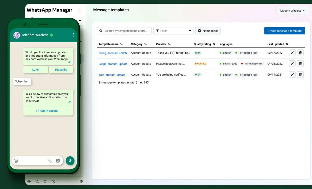 WhatsApp Messaging on Phone and Message Templates screenshot