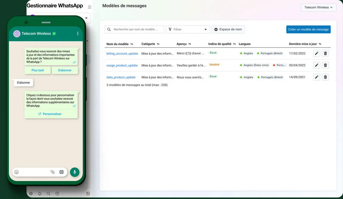 Capture d’écran de la messagerie WhatsApp sur un téléphone et de modèles de messages
