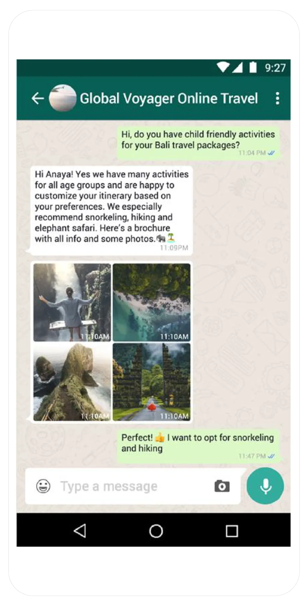 A customer sending a WhatsApp message to Global Voyager Online Travel who is opting in for snorkeling and hiking