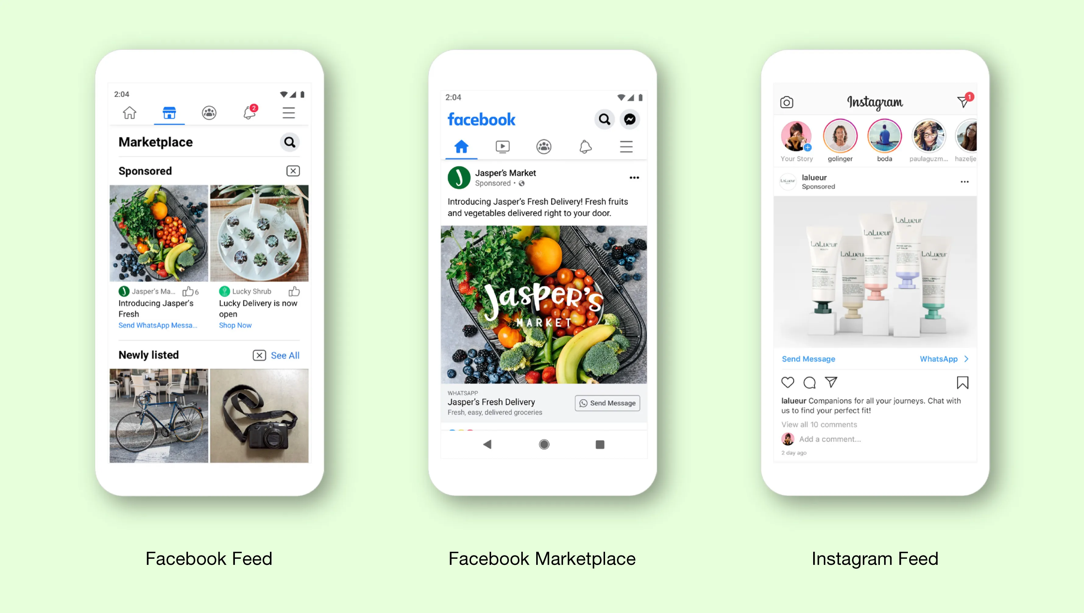 Three phones displaying Facebook Feed, Facebook Marketplace, and Instagram Feed