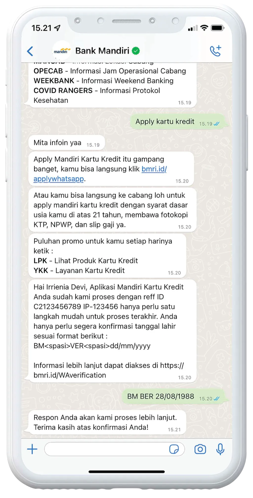 Conversation between Bank Mandiri and customer via WhatsApp