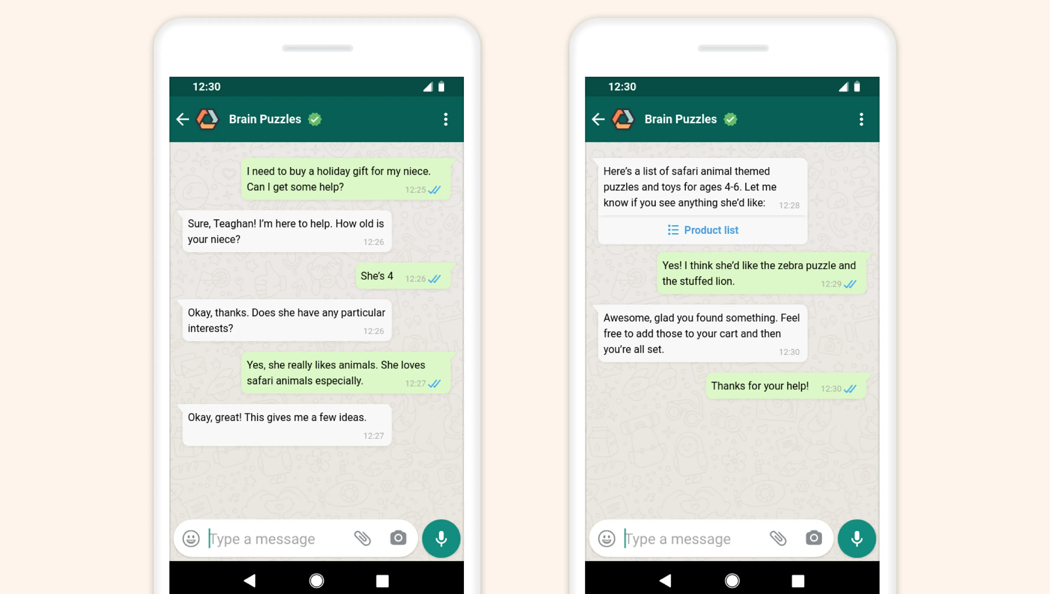 Two smartphone screens showing WhatsApp conversation between customer and Brain Puzzles