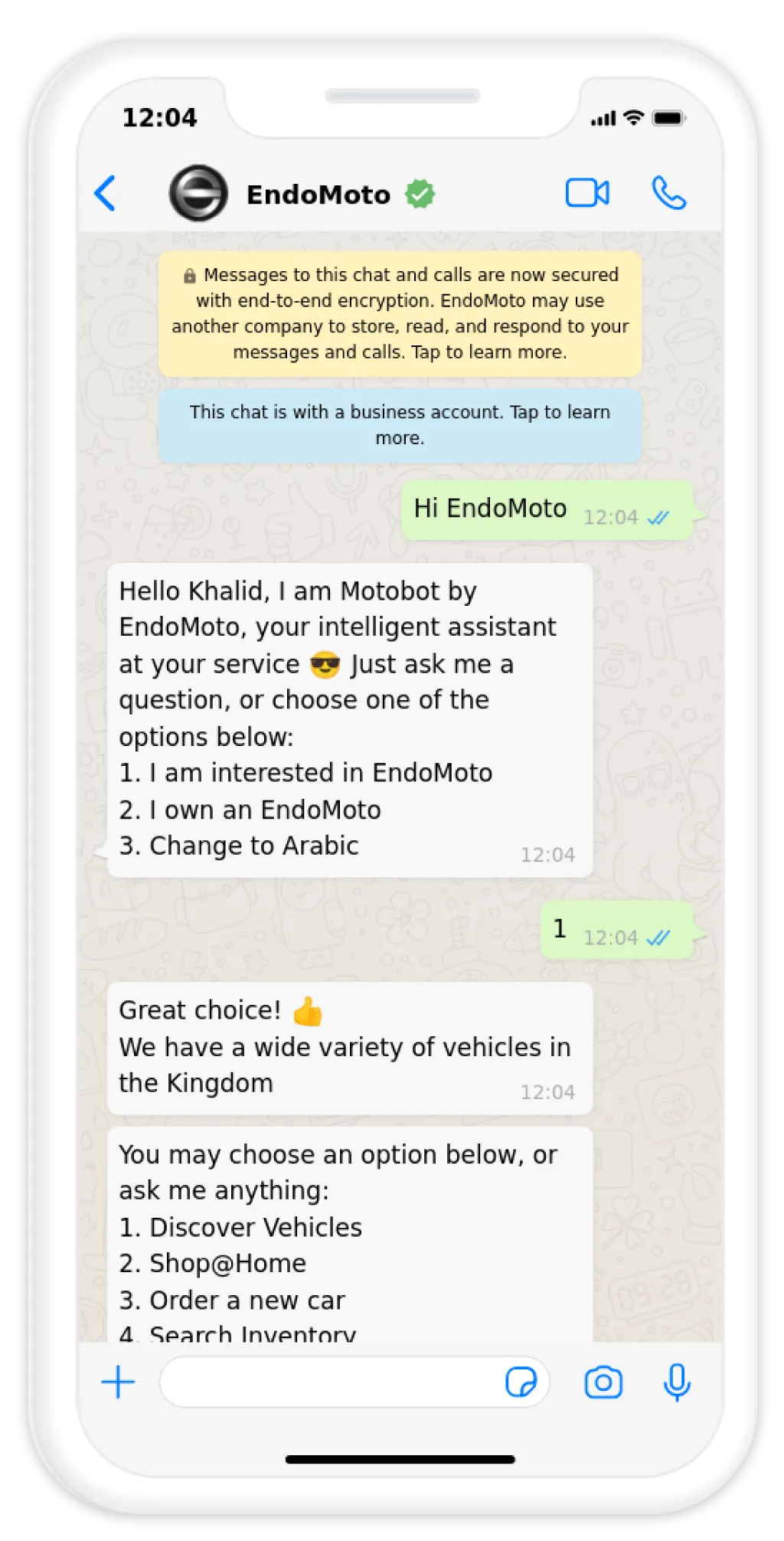 Customer interested in purchasing a new car from EndoMoto using WhatsApp chat