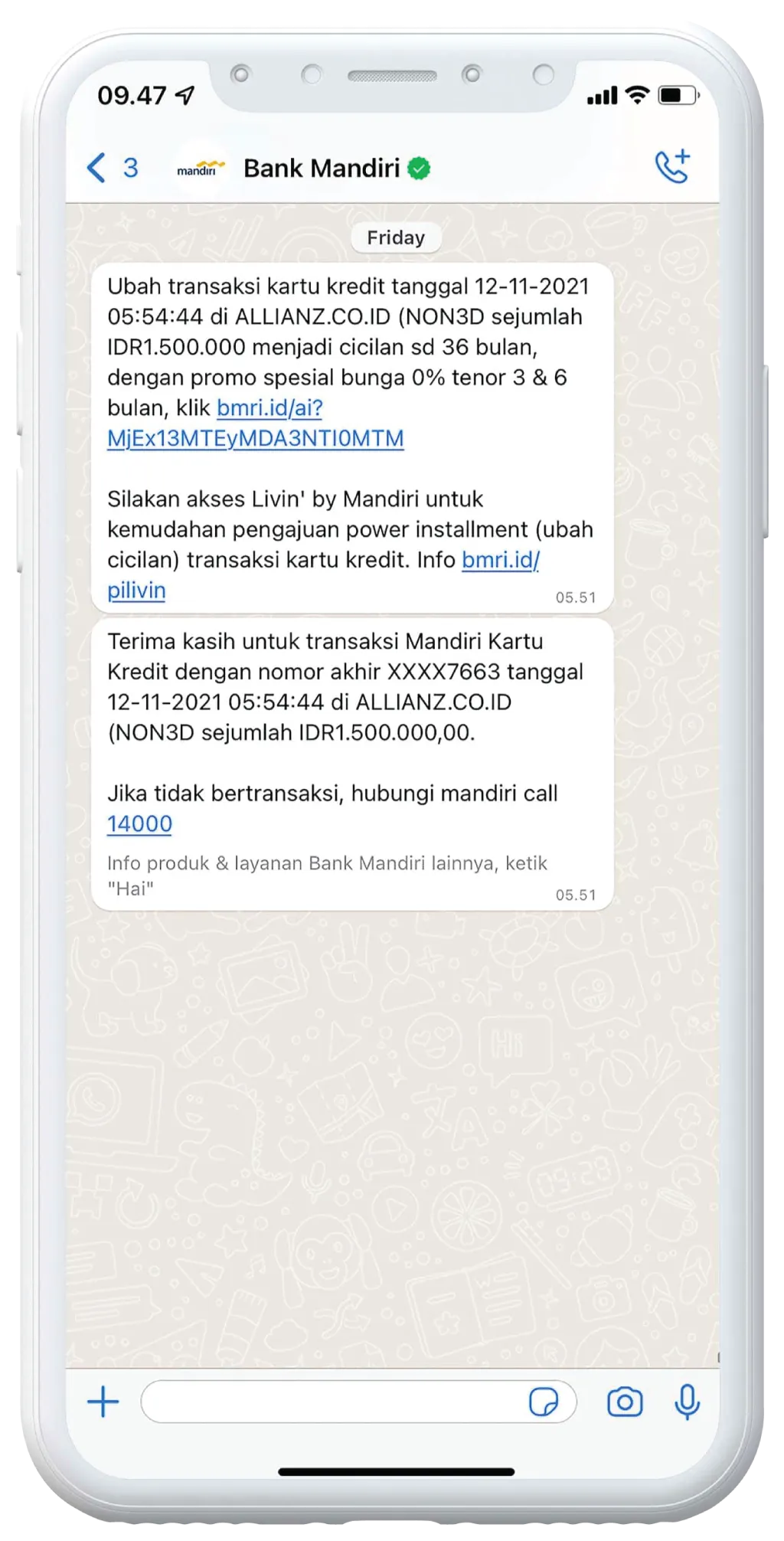 Phone displaying messages sent from Bank Mandiri through WhatsApp