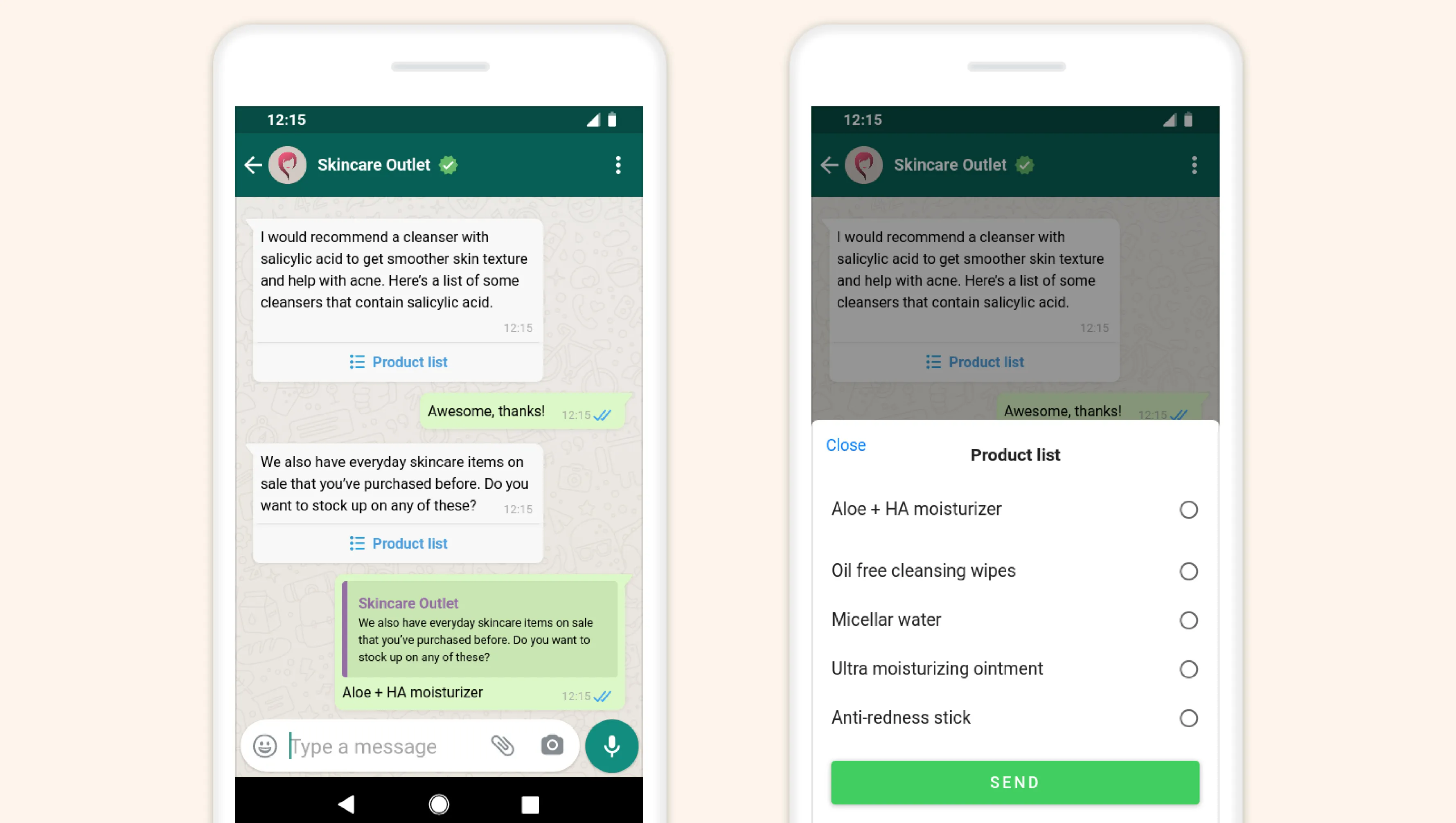 Skincare Outlet making a product recommendation to a customer through WhatsApp