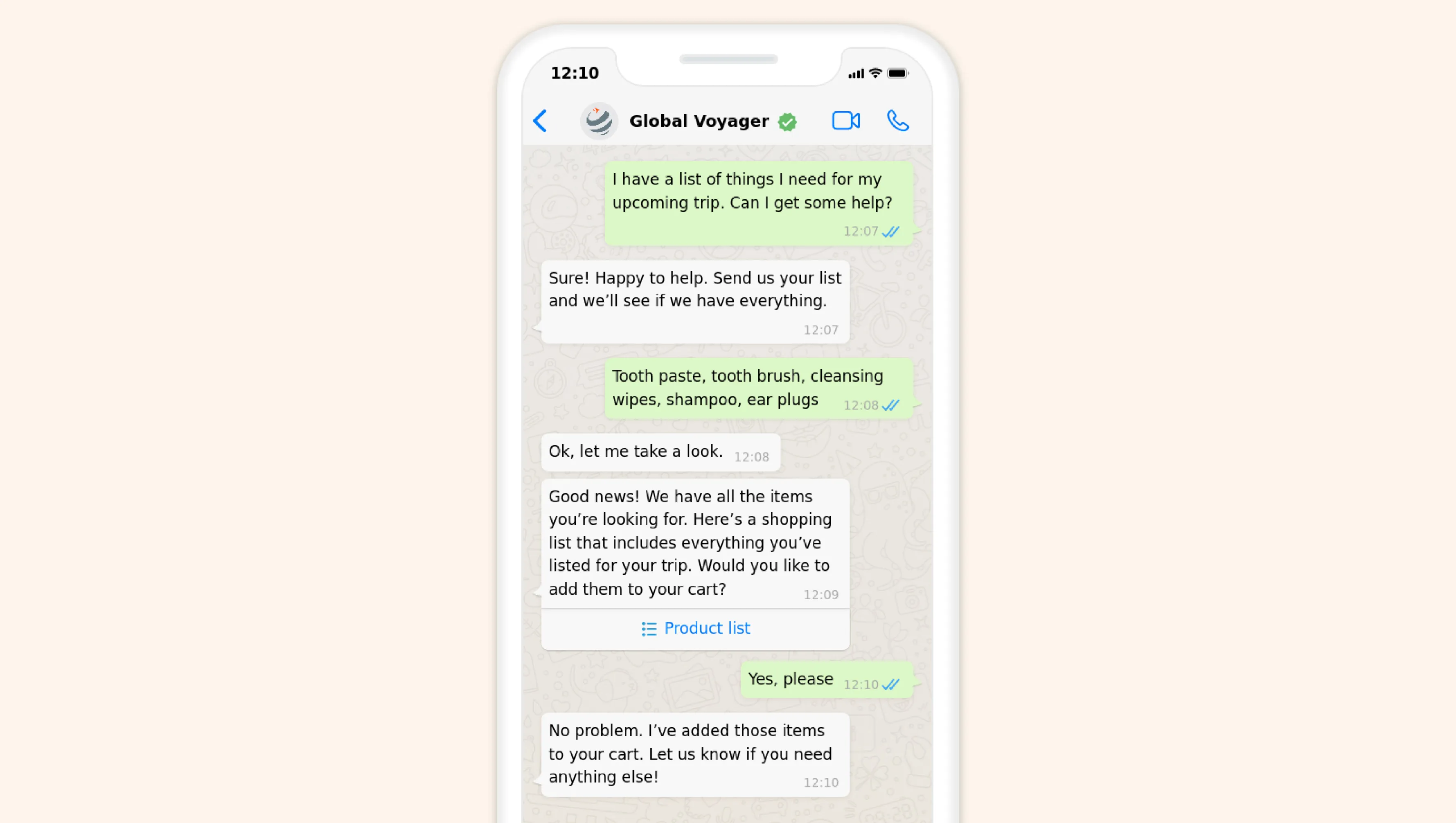 WhatsApp conversation between customer and Global Voyager chatbot