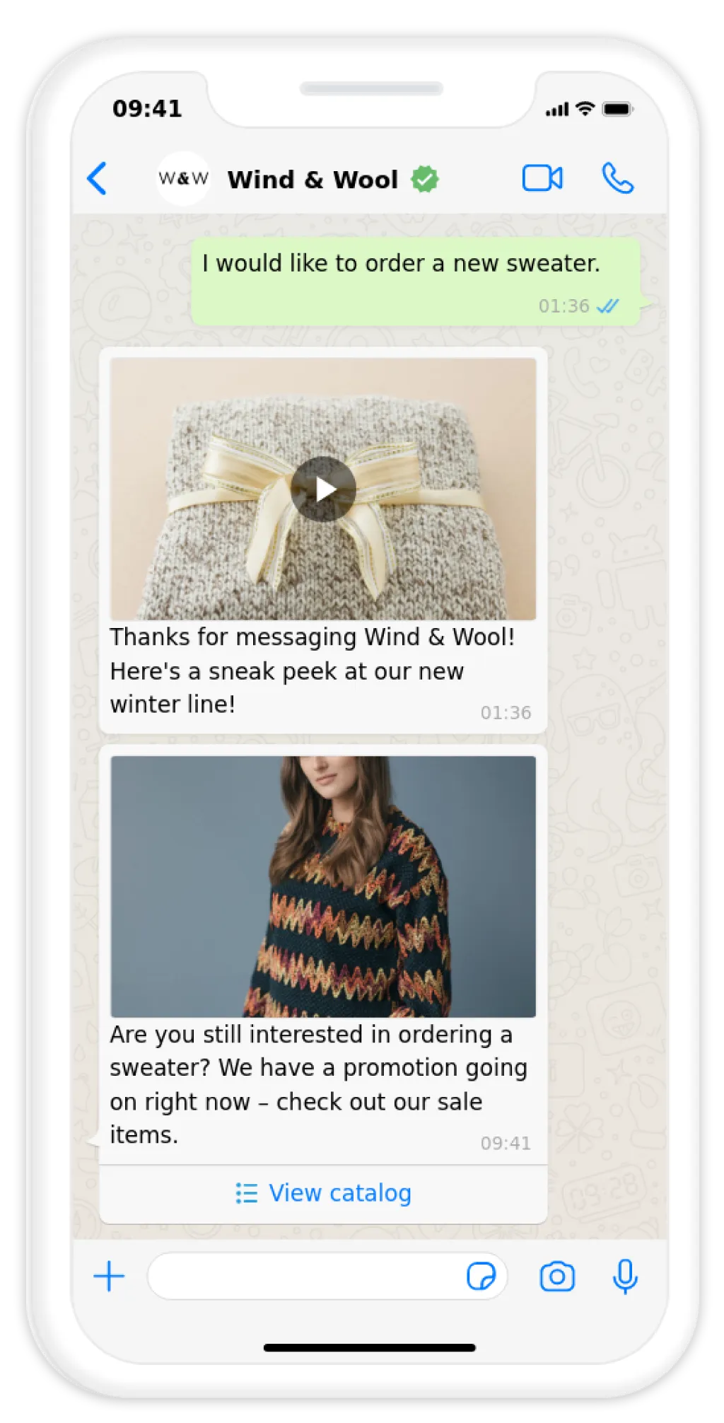 Customer ordering a new sweater from Wind & Wool through WhatsApp
