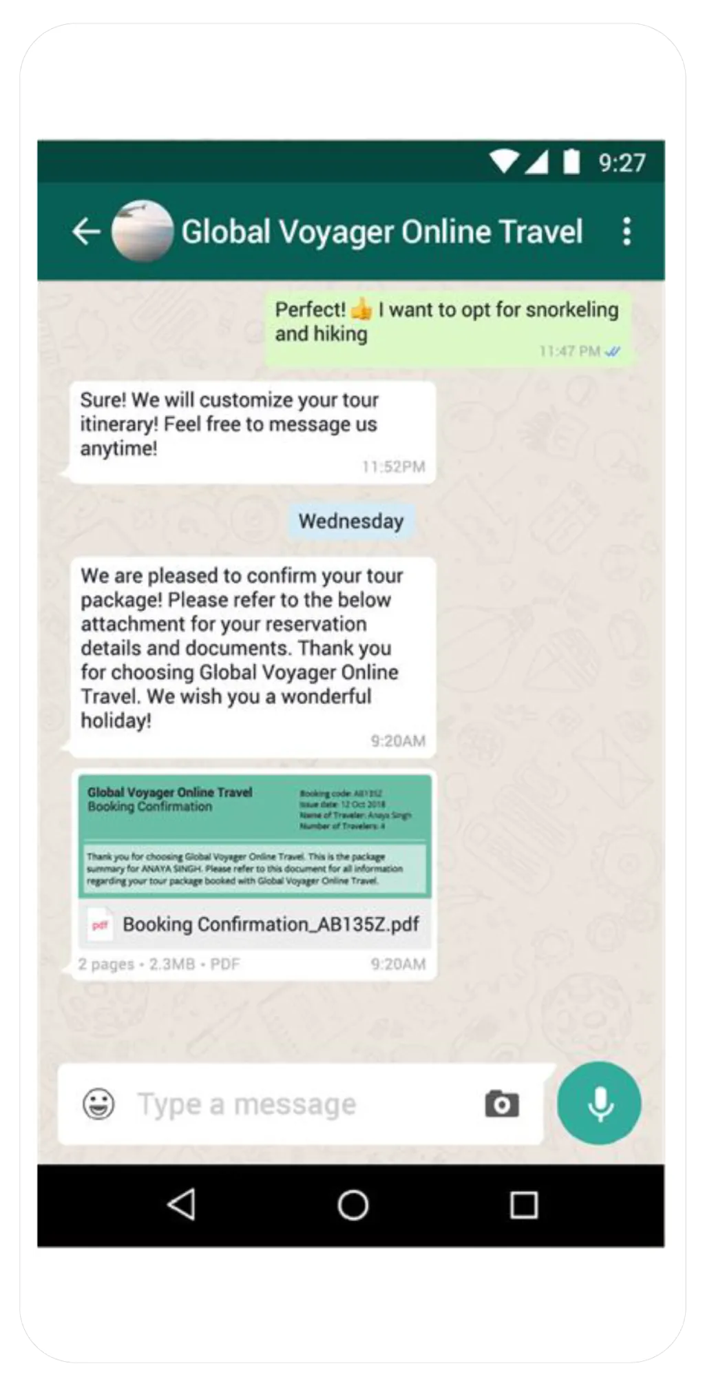 Global Voyager Online Travel confirming customer's booking through WhatsApp chat