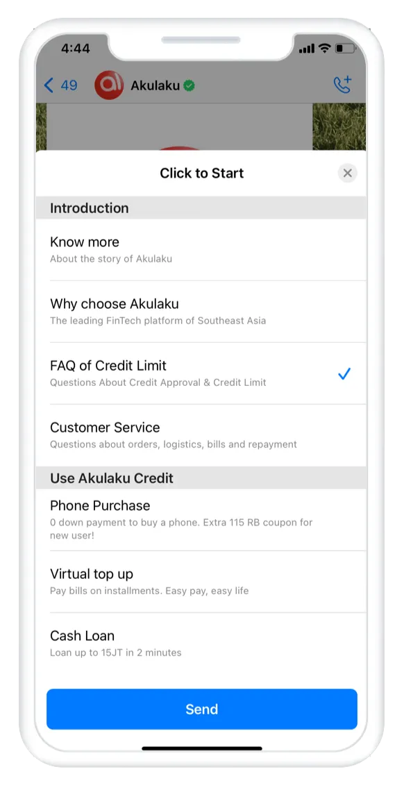 iPhone screen displaying Akulaku app showing a menu of items to start with "FAQ of Credit Limit" checked