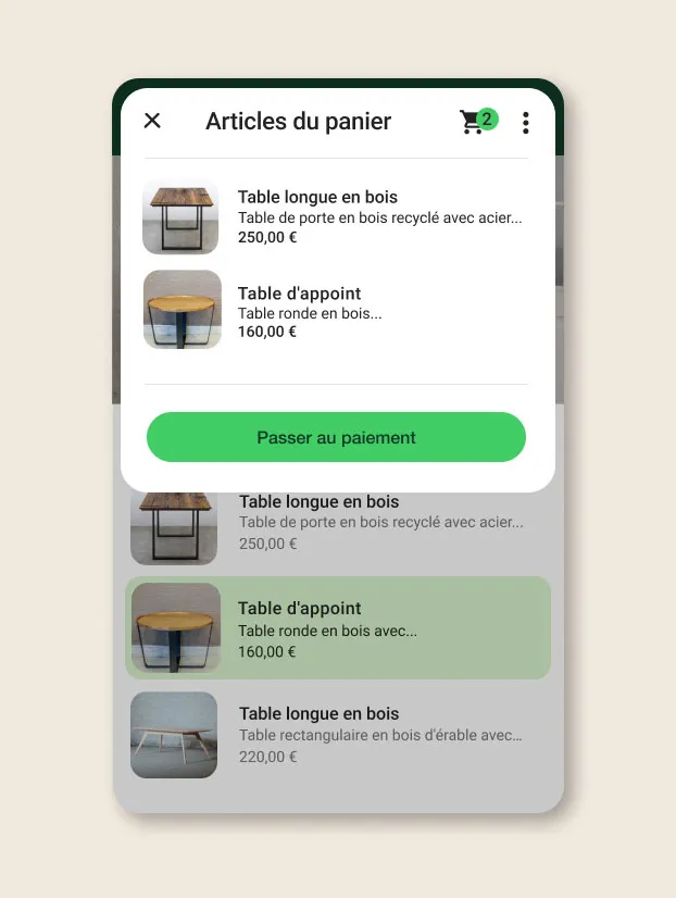 Article dans le panier d’une personne dans l’application WhatsApp Business