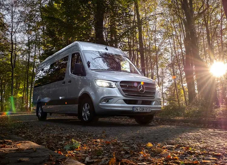 a silver van is parked in the woods