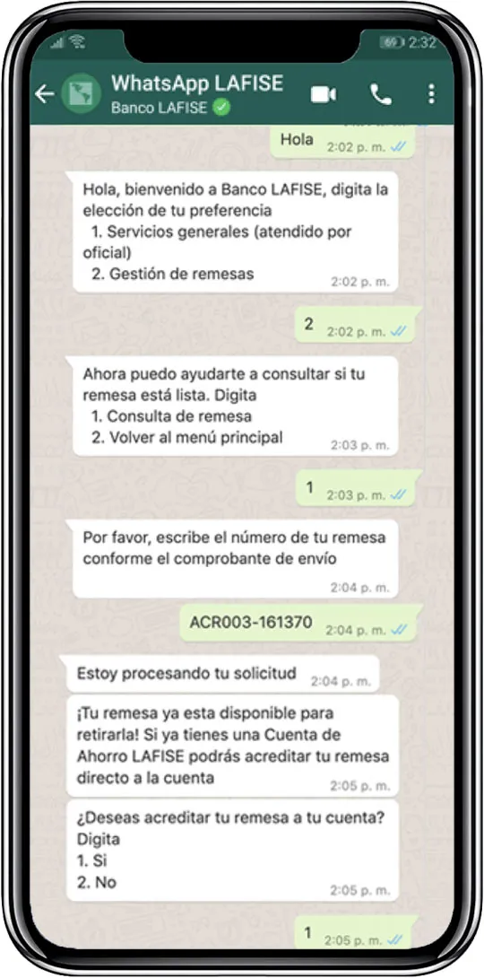 Uma conversa no WhatsApp com o Banco LAFISE