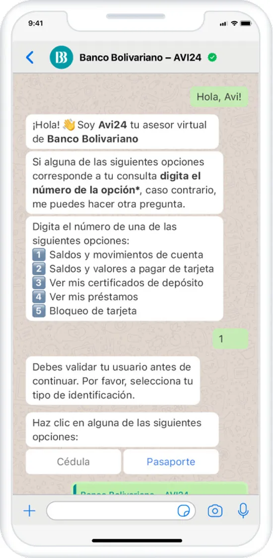 rewrite alt text: Un chat de WhatsApp con el Banco Bolivariano