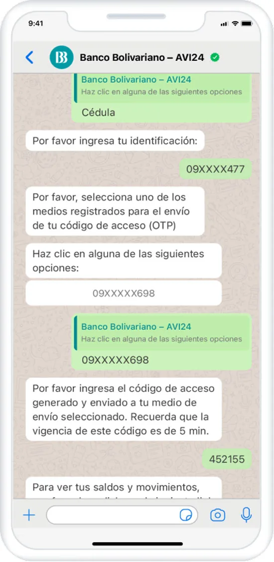 Un chat de WhatsApp con el Banco Bolivariano