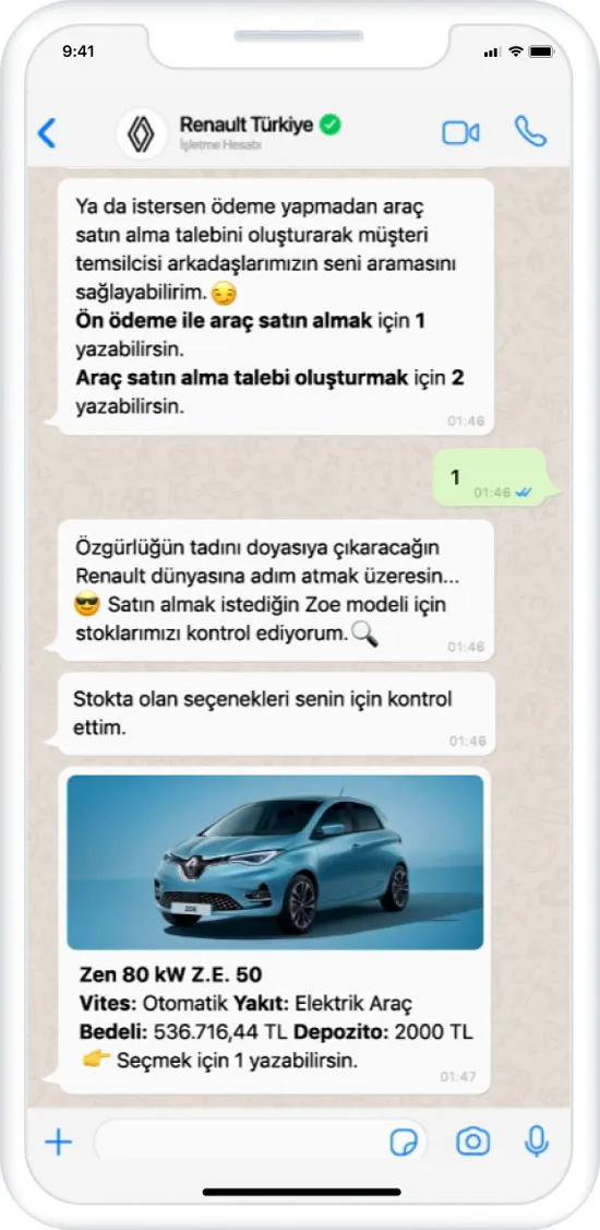 Percakapan chat WhatsApp dengan Renault Turkey