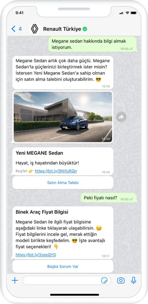 A WhatsApp chat conversation with Renault Turkey
