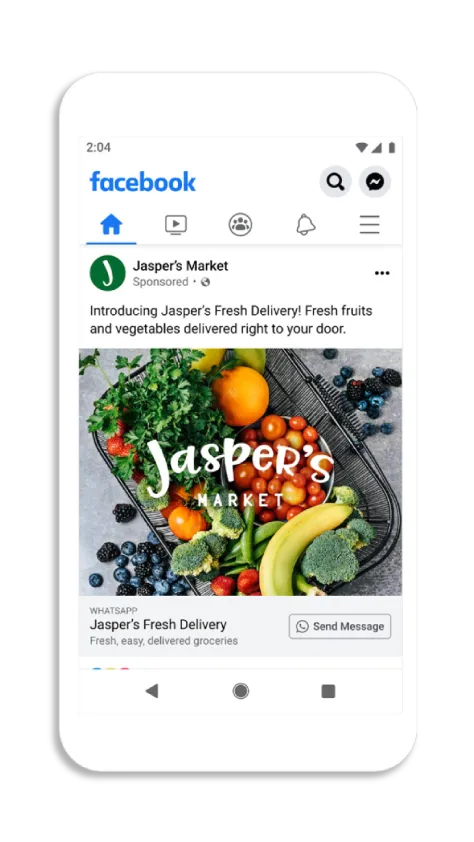 Smartphone displaying Facebook newsfeed with an ad for Jasper's Market